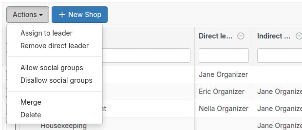 Actions menu on the Shops and Departments page open to the Allow social groups and Disallow social groups options