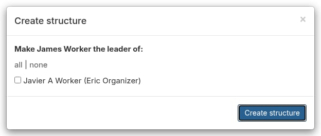 Create structure dialog listing the group's members with checkboxes, the all and none links, and the Create structure button
