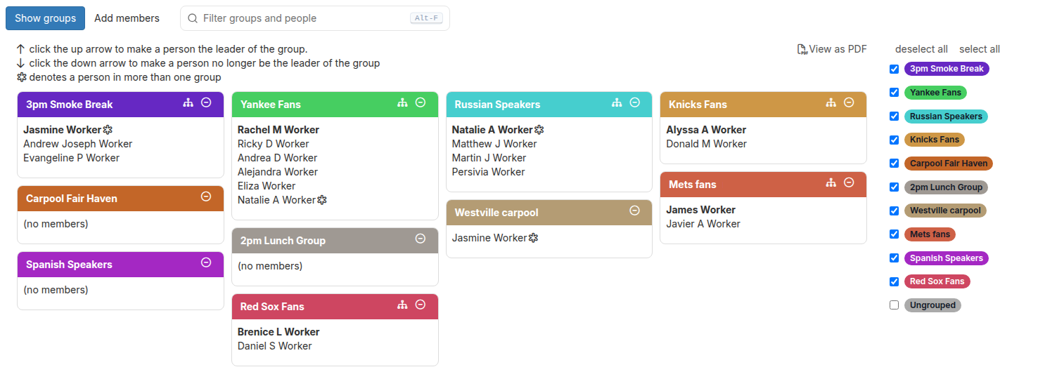 Show groups view with colored group cards, a legend, a View as PDF link, and the group checklist on the right
