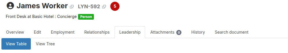 Leadership tab of a person's record page with the View Table and View Tree buttons