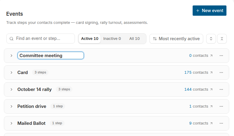 Events index page with the new Committee meeting event at the top of the list