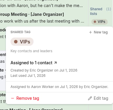 Tag summary card showing usage count, creator, and Remove/Edit tag actions