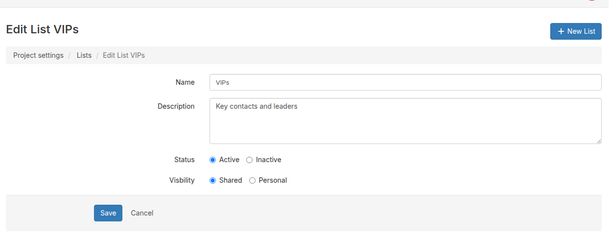 Edit tag list form showing name, description, status, and visibility fields