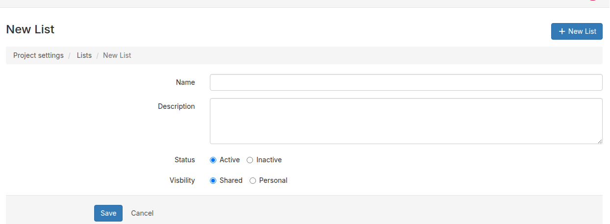 New tag list form with fields for name, description, status, and visibility