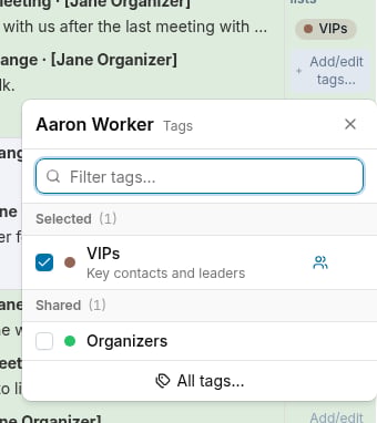 Tag picker dialog showing selected, recently used, personal, and shared tag bands