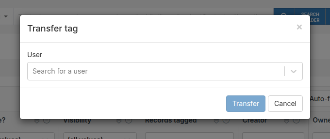 Transfer tag modal with a user search field