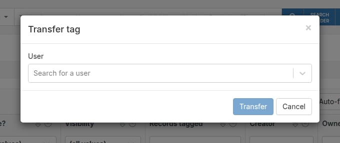 Transfer tag modal with a user search field