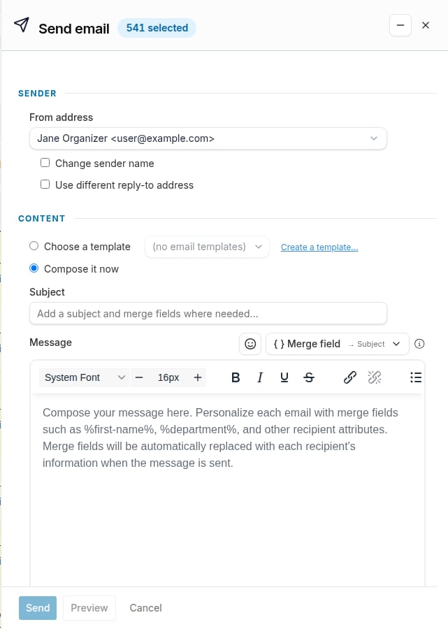 Send email compose panel showing sender and content options