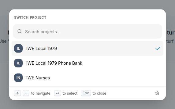 Project switcher dialog open showing a searchable list of projects