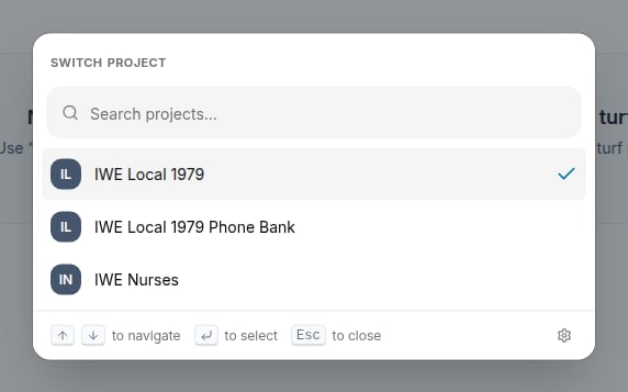 Project switcher dialog open showing a searchable list of projects