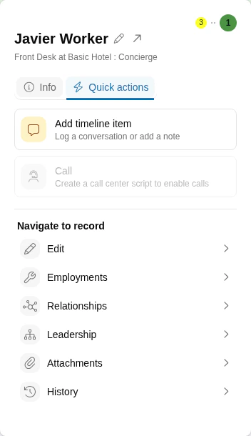 Relationships option on the Quick actions tab of the Quick view dialog