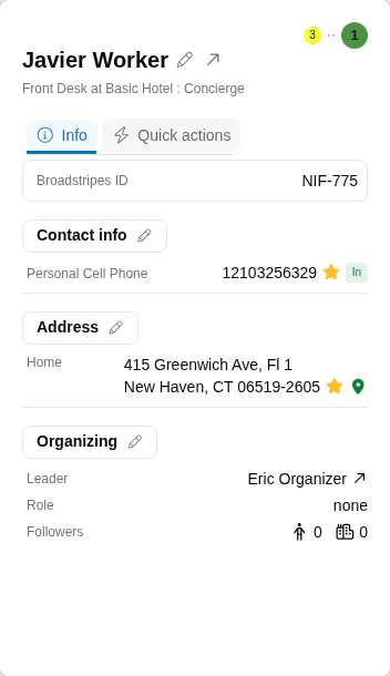 Search results showing the Quick view dialog for a person