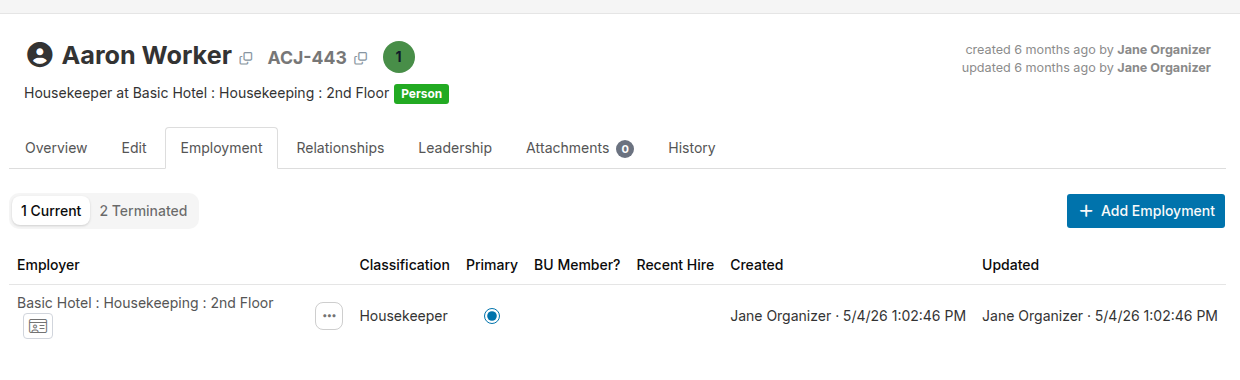 Employment tab on a person's record showing current and terminated tabs