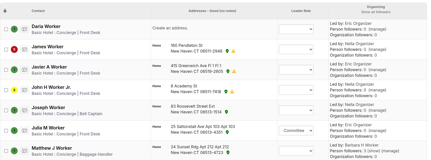 Search results table showing column headers and the first several matching contacts