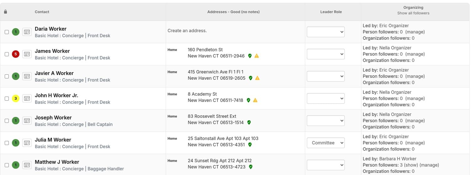 Search results table showing column headers and the first several matching contacts