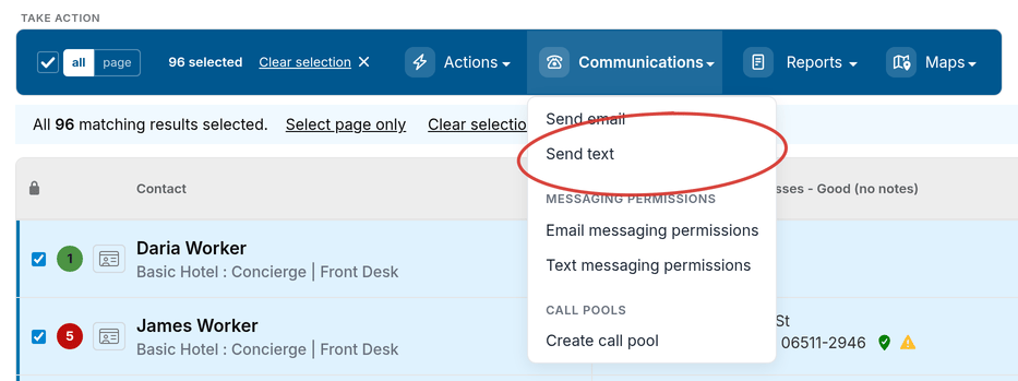 Communications dropdown menu open with the Send text option highlighted