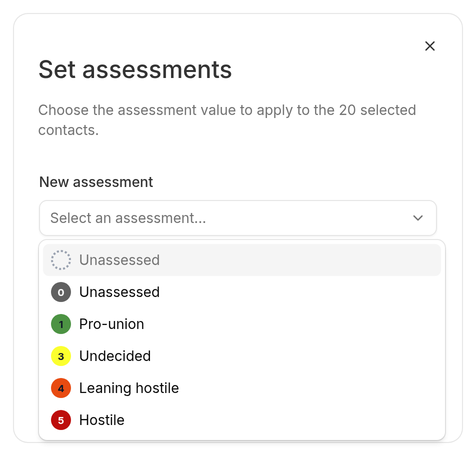 Set assessments dialog with the assessment picker open showing each code and its colored disc