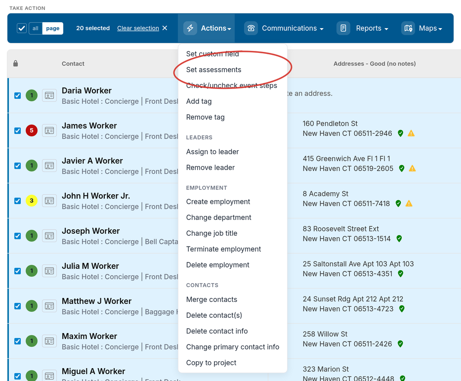 Actions menu open with the Set assessments option highlighted