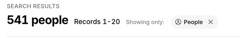 Search results header showing the total count, the Records 1-20 page range, and a People scope chip