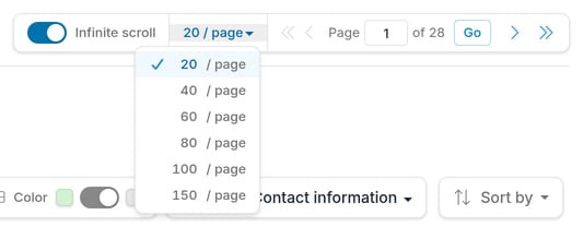 Per-page dropdown open showing options from 20 to 150 records per page