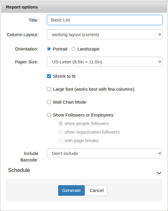 Report options dialog with title, layout, orientation, paper size, and formatting options