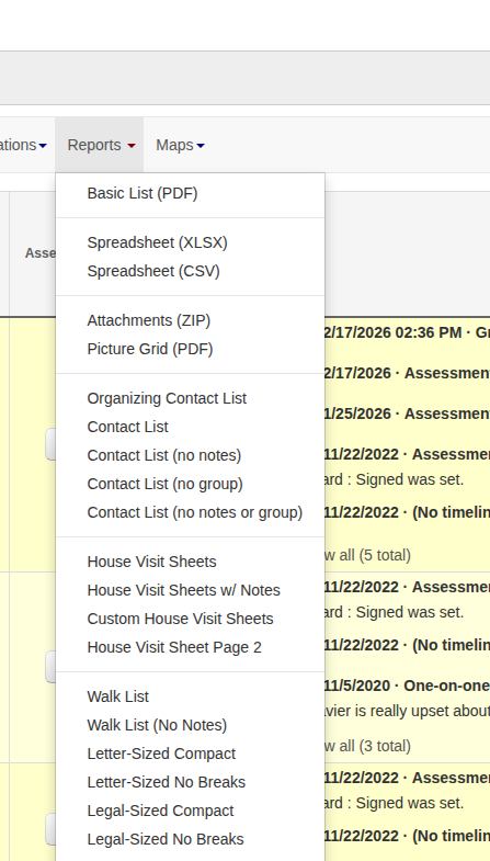 Reports dropdown menu showing Basic List PDF and other report options