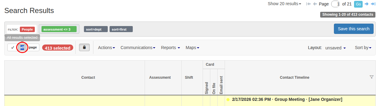 Toolbar showing the all button, selection count, and Reports menu