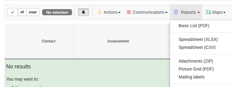 Reports dropdown menu in the search results toolbar with the Mailing labels option visible