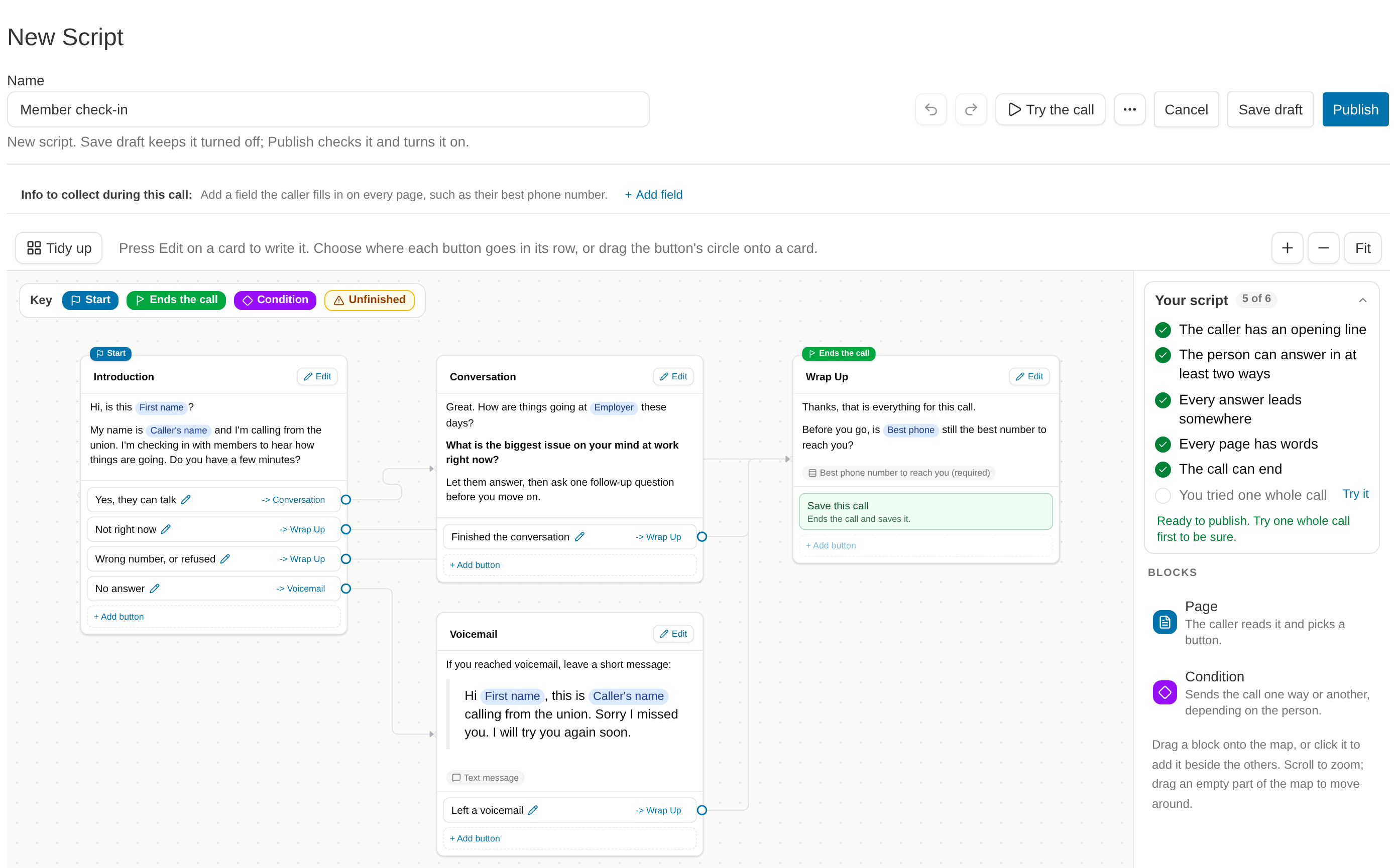 The script builder, with the name and buttons across the top, the Info to collect strip, the map of four page cards joined by lines, and the Your script checklist and Blocks on the right