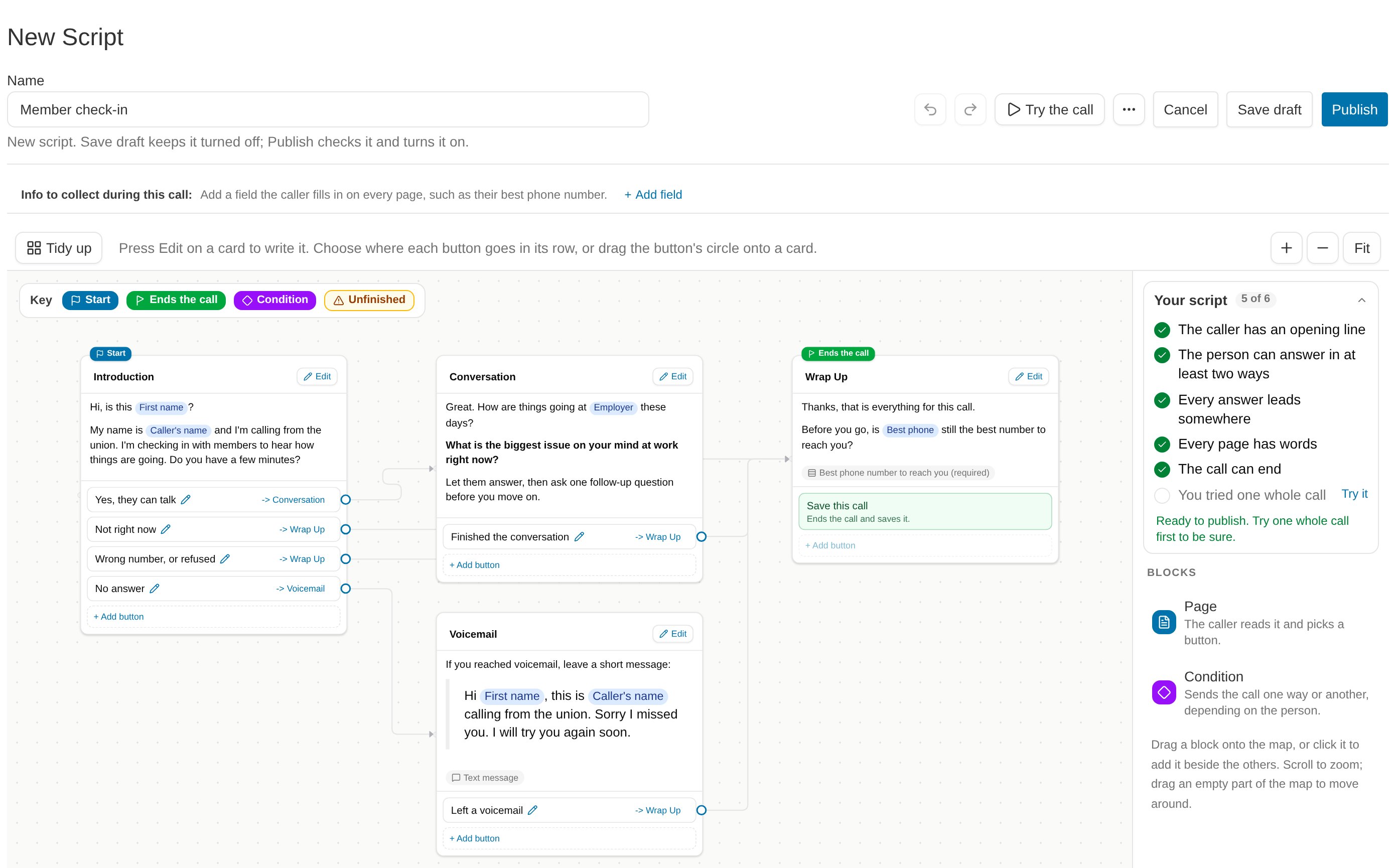 The script builder, with the name and buttons across the top, the Info to collect strip, the map of four page cards joined by lines, and the Your script checklist and Blocks on the right