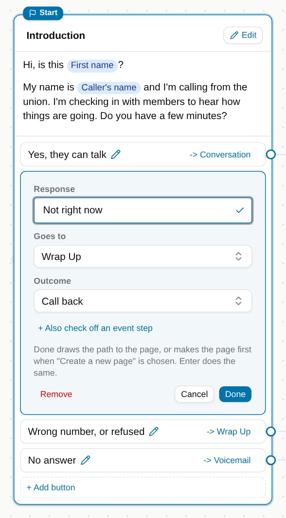 A page card with the button editor open, showing the Response, Goes to, and Outcome boxes and the Also check off an event step link