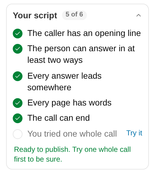The Your script checklist with five lines checked, You tried one whole call unchecked with a Try it link, and the note Ready to publish
