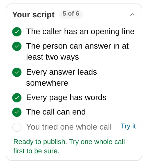 The Your script checklist with five lines checked, You tried one whole call unchecked with a Try it link, and the note Ready to publish