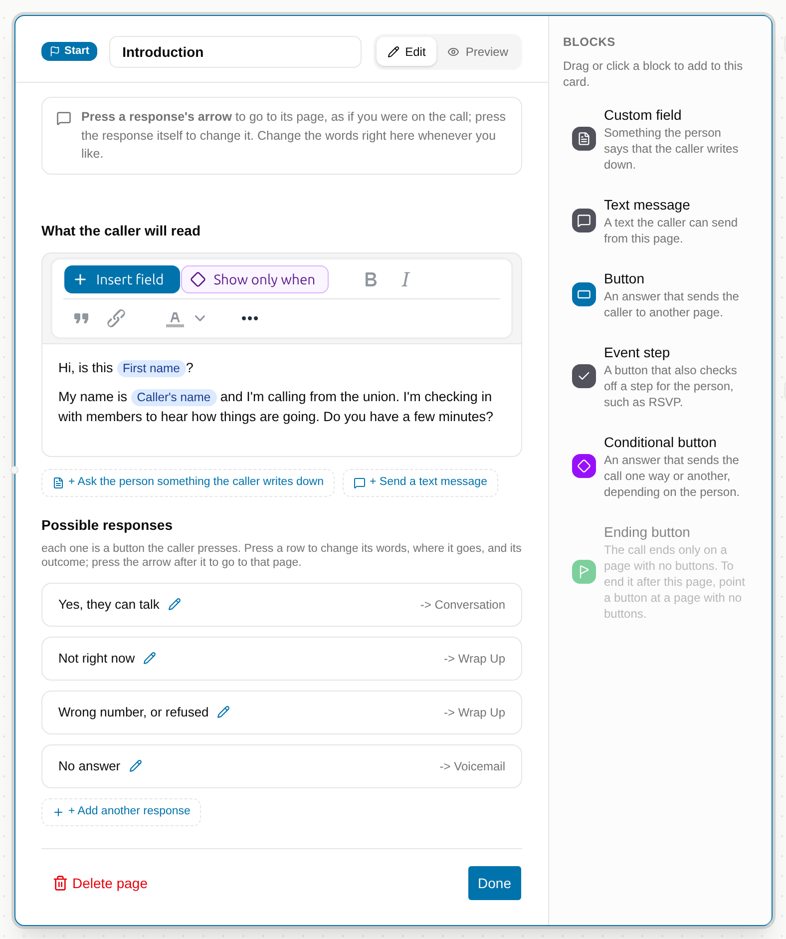 The Introduction page open on the map, with the words editor, the Possible responses list, Delete page and Done, and the blocks on the right