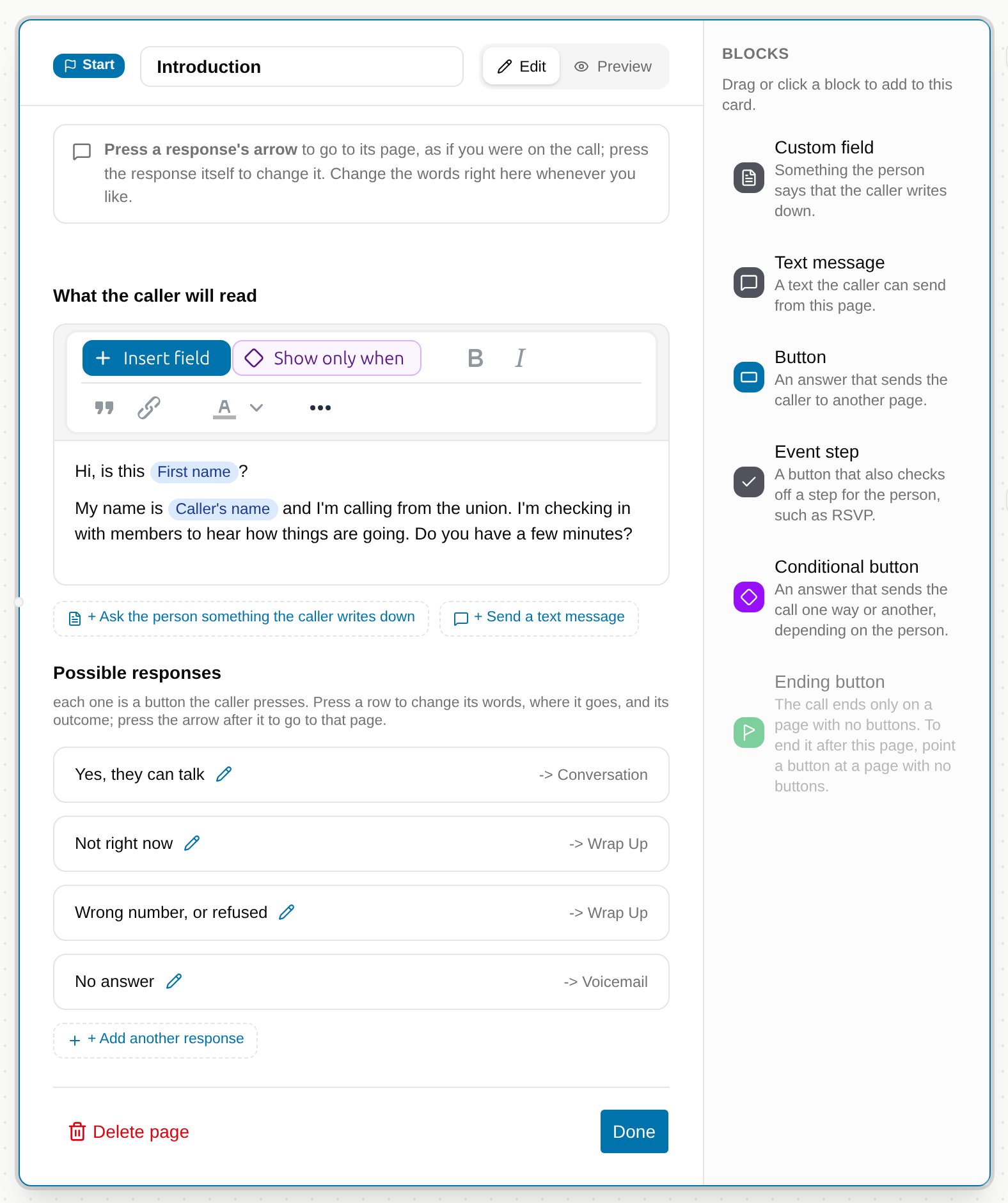 The Introduction page open on the map, with the words editor, the Possible responses list, Delete page and Done, and the blocks on the right