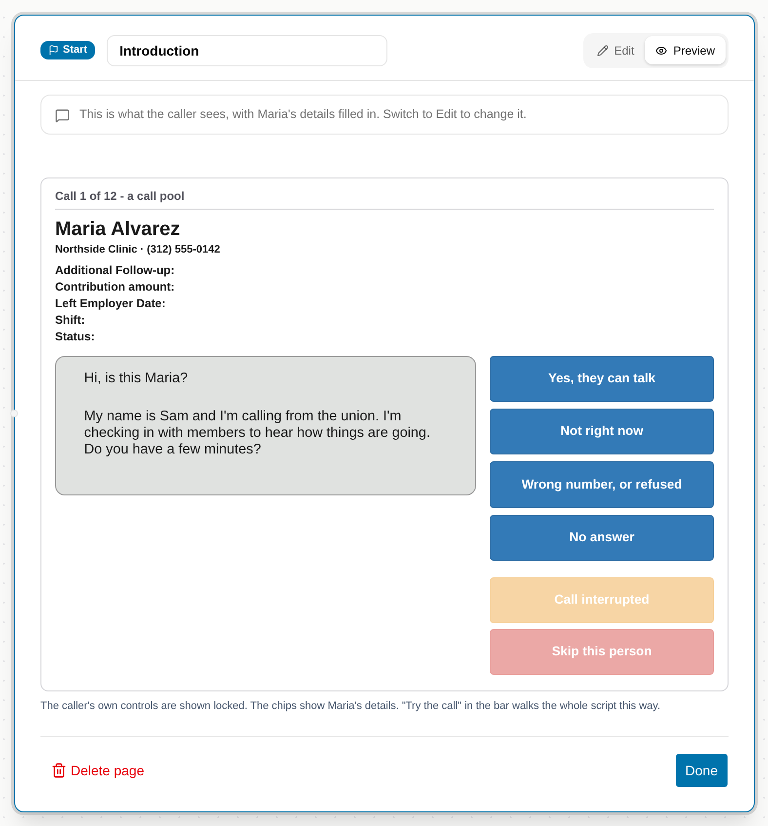 The Preview tab of the Introduction page, showing Maria Alvarez's call header, the opening words with her first name filled in, and the four response buttons