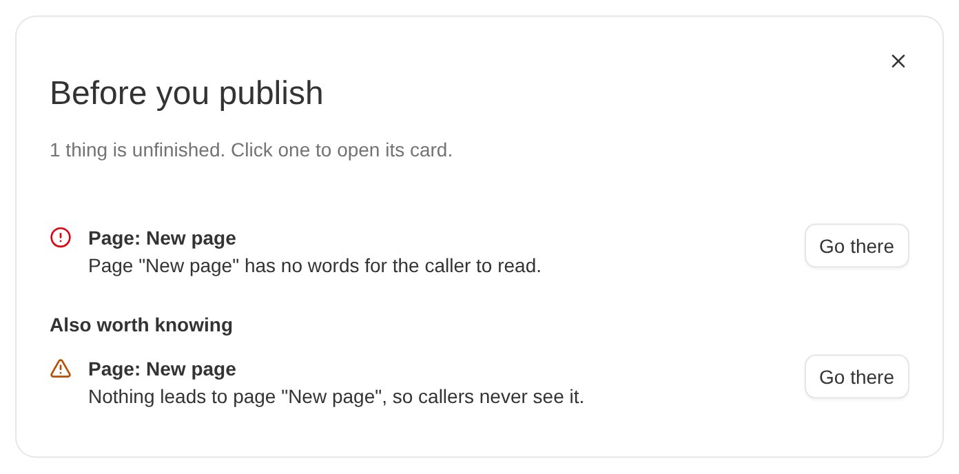 The Before you publish list with one unfinished page and a Go there button, and an Also worth knowing warning that nothing leads to that page