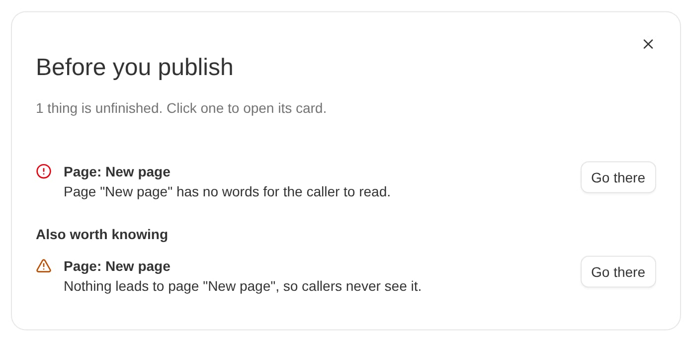 The Before you publish list with one unfinished page and a Go there button, and an Also worth knowing warning that nothing leads to that page
