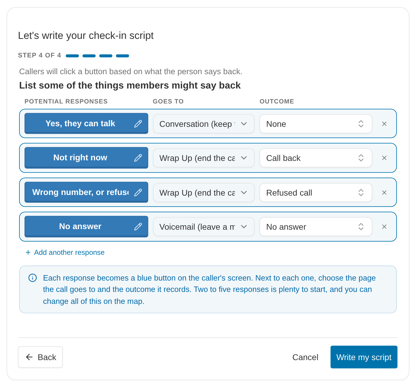 Step 4 of the starter, a table of four responses with the page each one goes to and the outcome it records