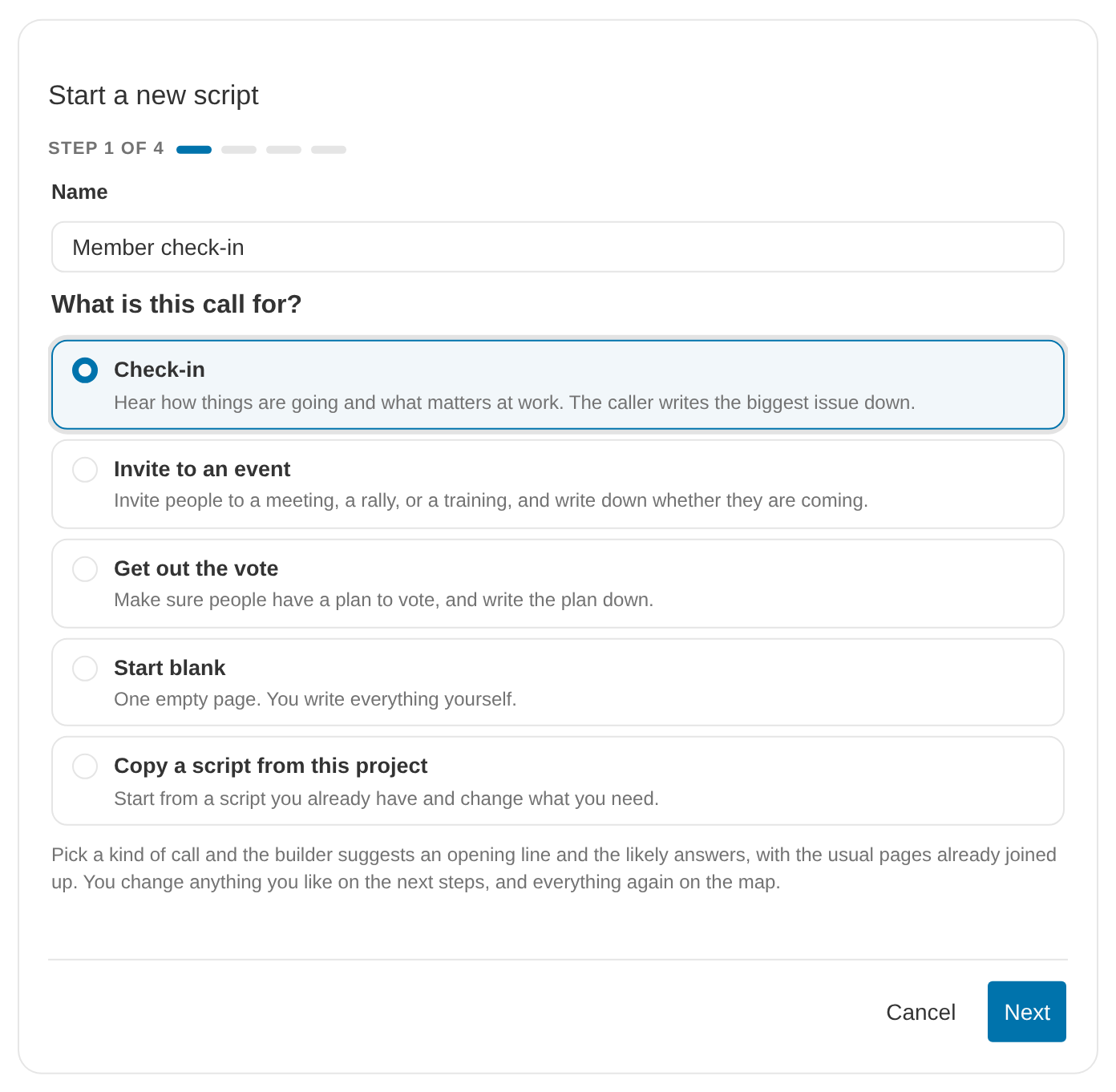 The Start a new script dialog with a Name box and five choices: Check-in, Invite to an event, Get out the vote, Start blank, and Copy a script from this project