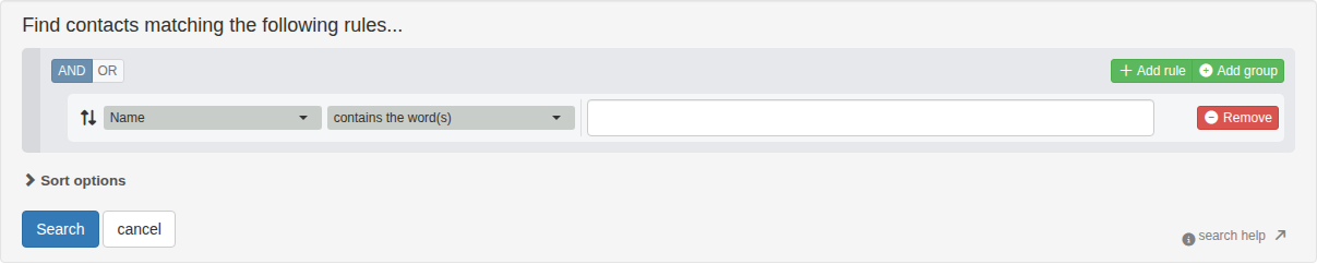 The search builder panel with a default rule