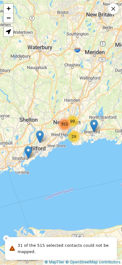 Full-screen map with contact markers, a back arrow in the upper-left corner, an About this search button in the upper-right corner, and zoom and locate buttons in the lower-right corner