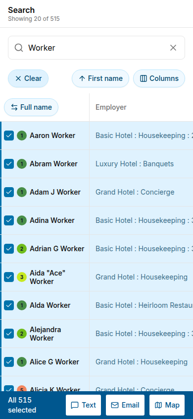 Results table with every row selected, the Clear button at the top, and the selection bar showing All 515 selected with Text and Email buttons