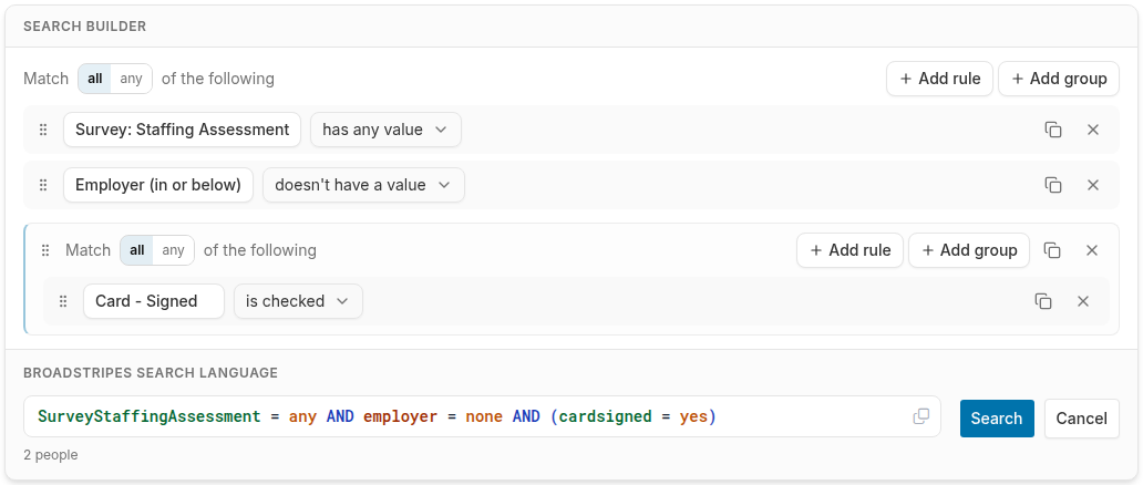 The search builder with two rules and a nested rule group