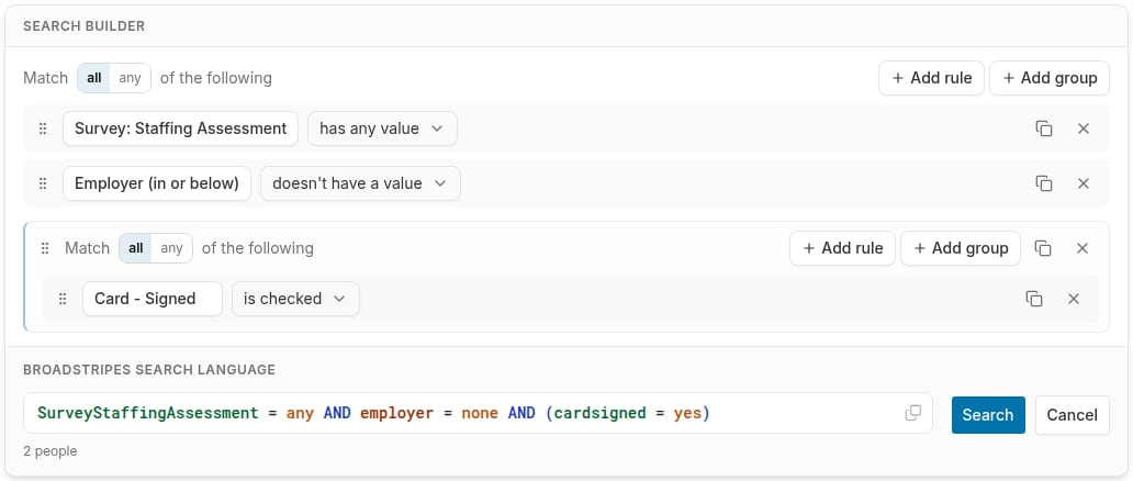 The search builder with two rules and a nested rule group