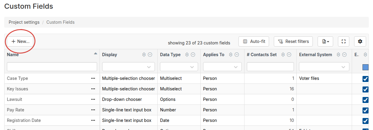 Custom Fields settings page with the New... toolbar button circled