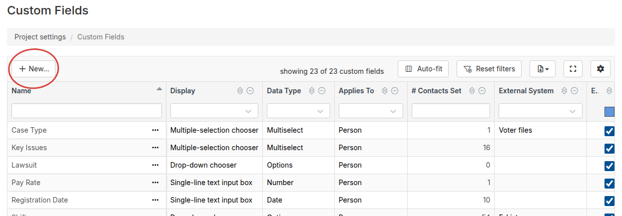 Custom Fields settings page with the New... toolbar button circled