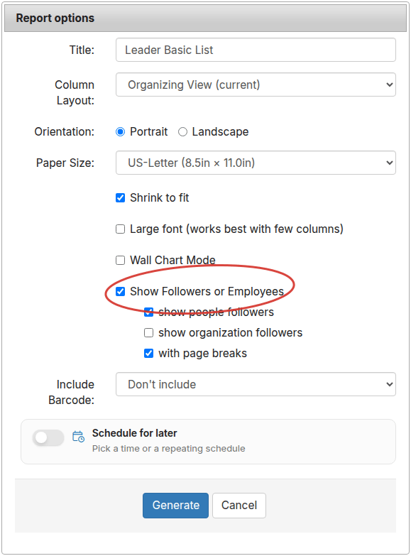 Report options dialog with the Show Followers or Employees option circled, show people followers and with page breaks checked