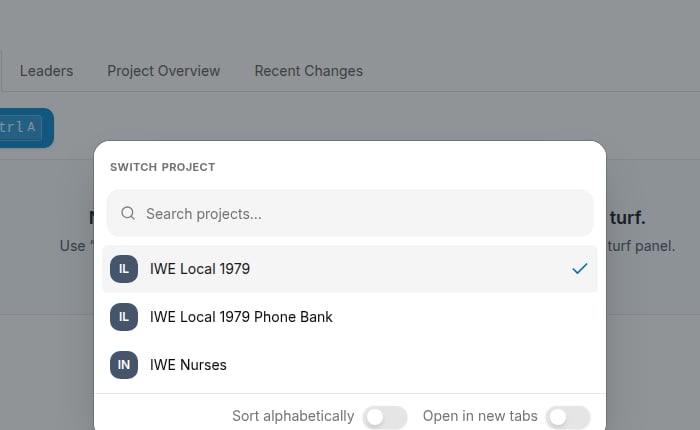Project switcher dialog open showing a searchable list of projects