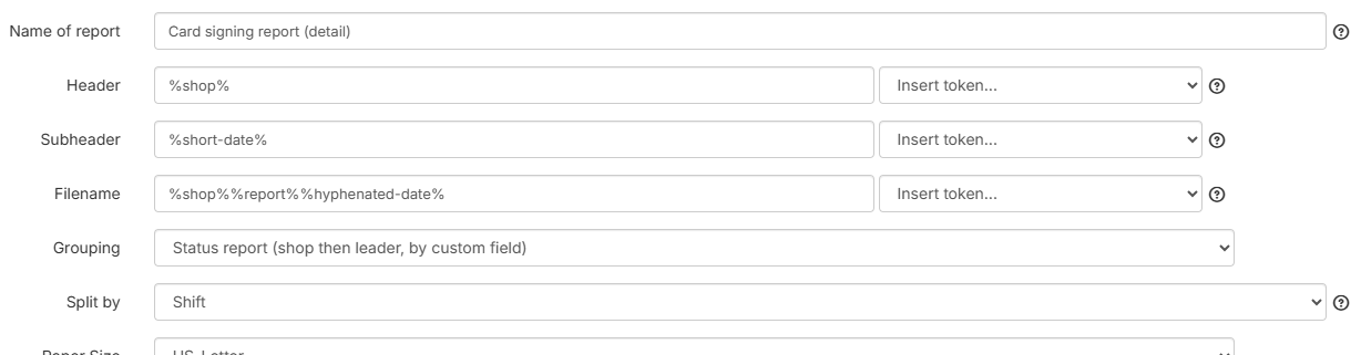 Define Report form with Grouping set to Status report (shop then leader, by custom field) and a Split by selector set to Shift
